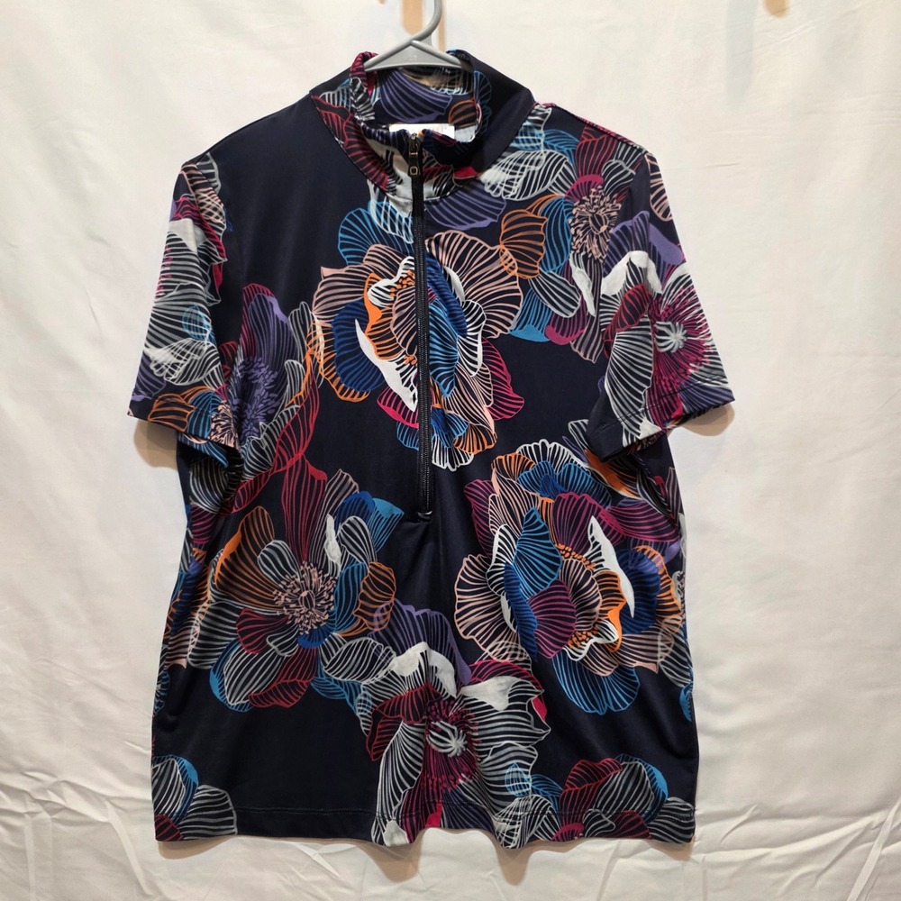 Anatomie Womens Navy Floral Quarter Zip Short Sleeve Travel Top Made in Italy L